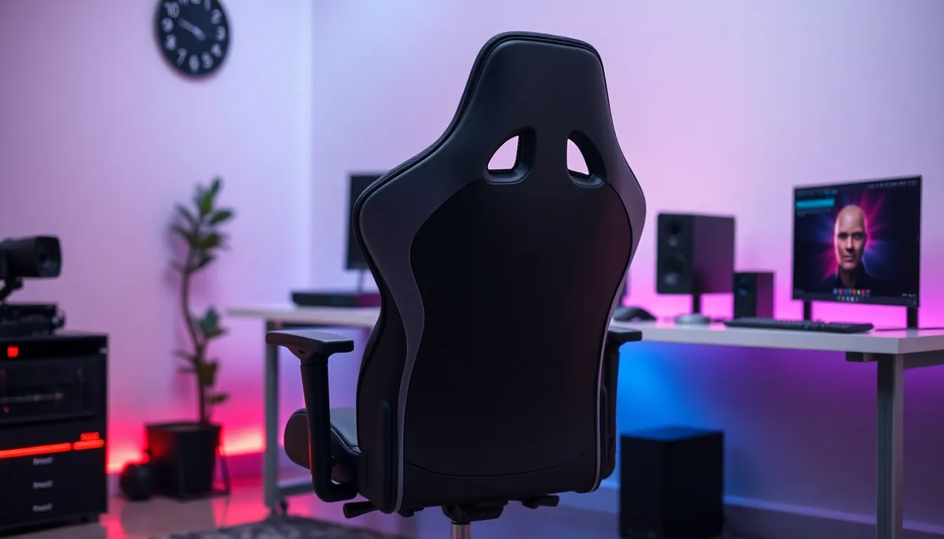 Chaise gaming ergonomique moderne avec support lombaire intégré dans un setup gaming professionnel avec éclairage RGB - Meilleure chaise gaming 2025
