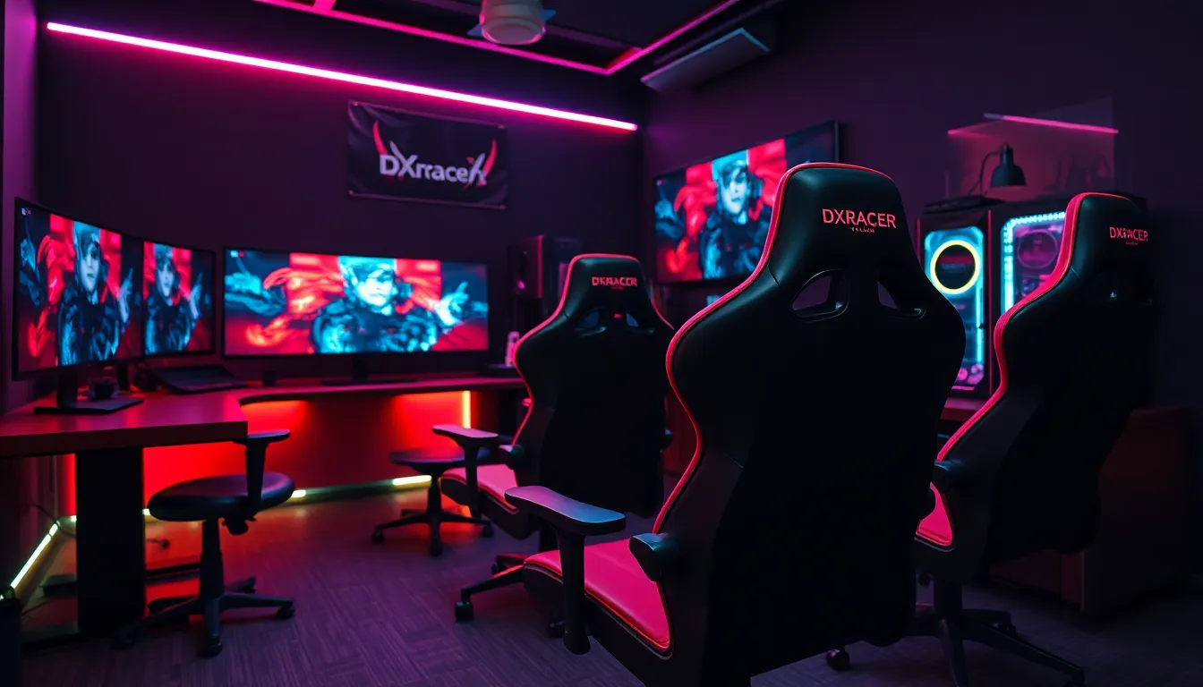 Setup gaming professionnel avec chaise DXRacer dans un environnement esports moderne avec éclairage RGB