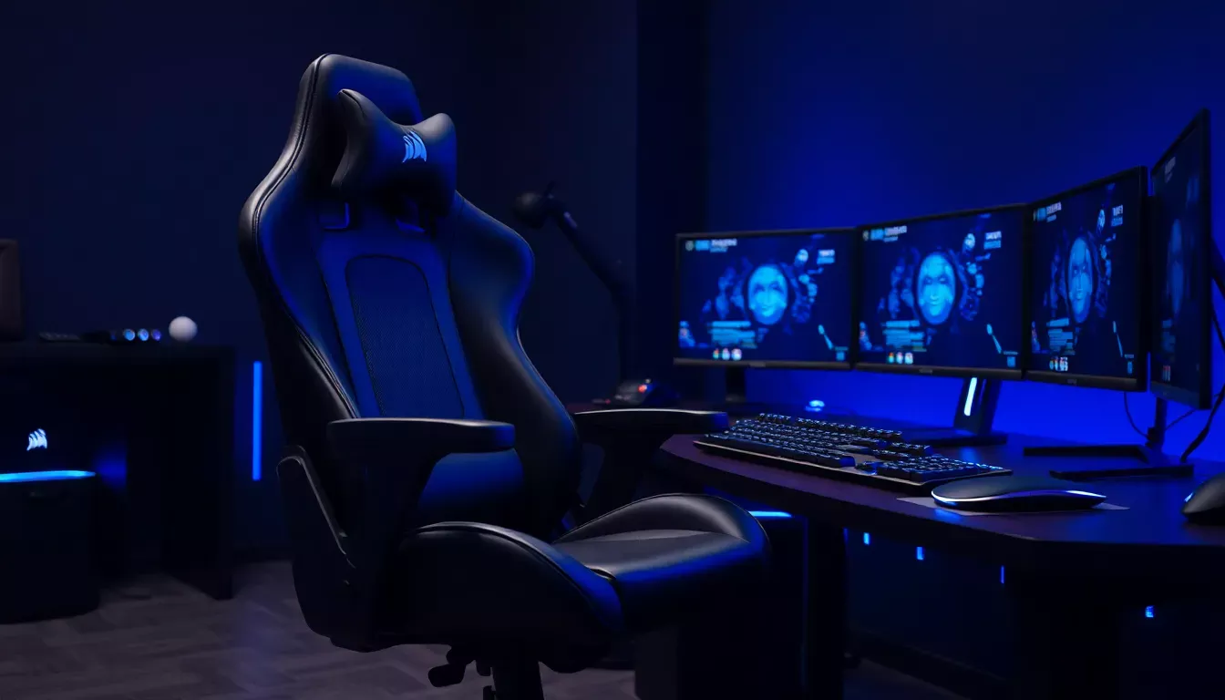 Chaise gaming Corsair ergonomique noire avec accoudoirs 4D dans un setup gaming professionnel avec bureau RGB et écrans multiples