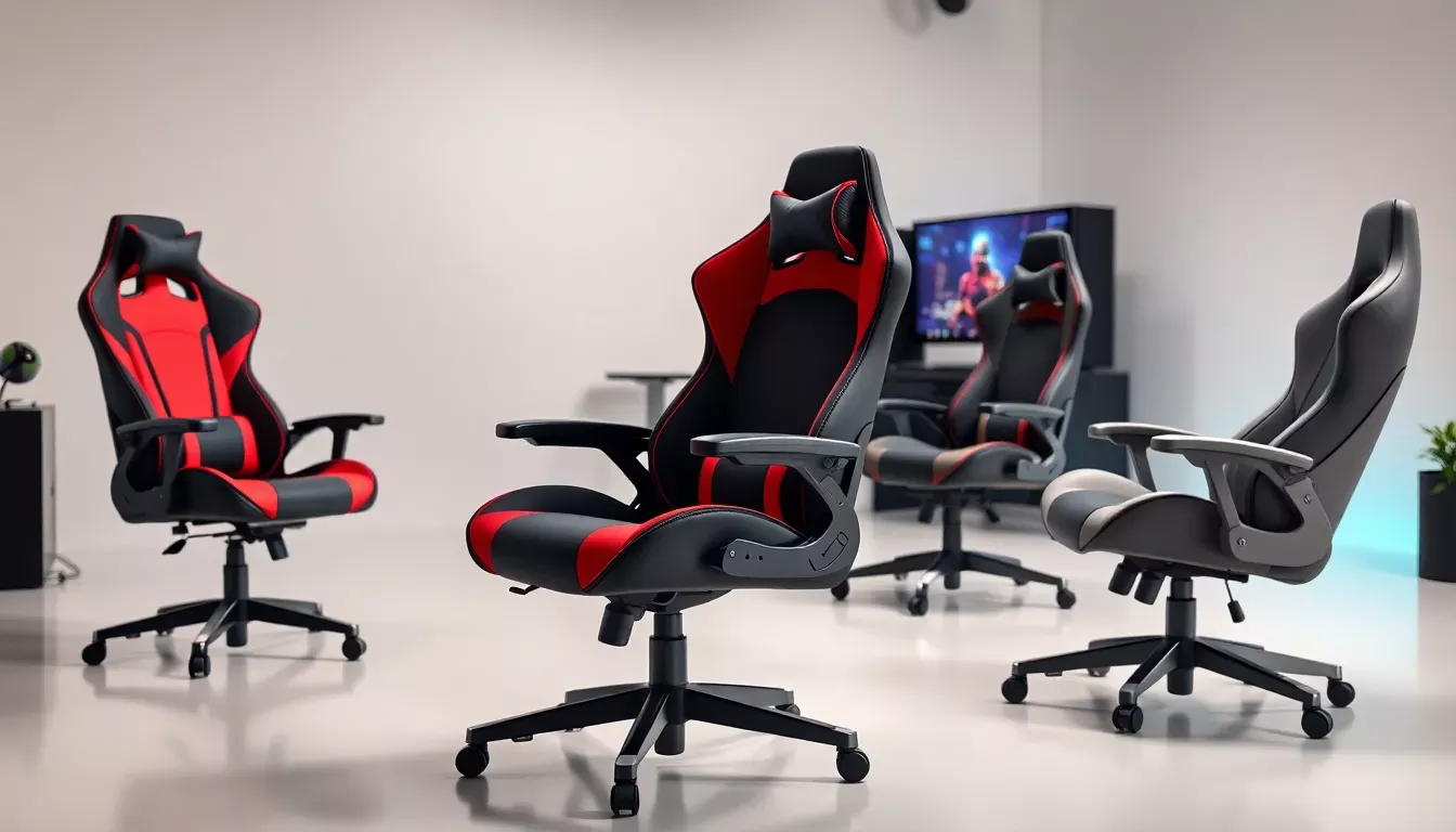Collection de chaises gaming Arozzi 2025 avec fauteuils ergonomiques racing design noir et rouge dans un setup gaming moderne