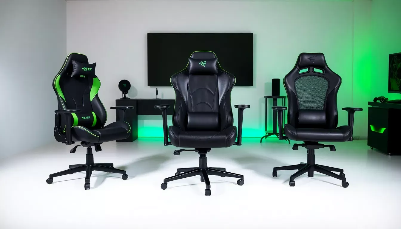 Comparatif visuel des meilleures chaises gaming Razer 2025 montrant la Razer Iskur V2, Enki et Fujin Pro côte à côte dans un setup gaming moderne avec éclairage professionnel