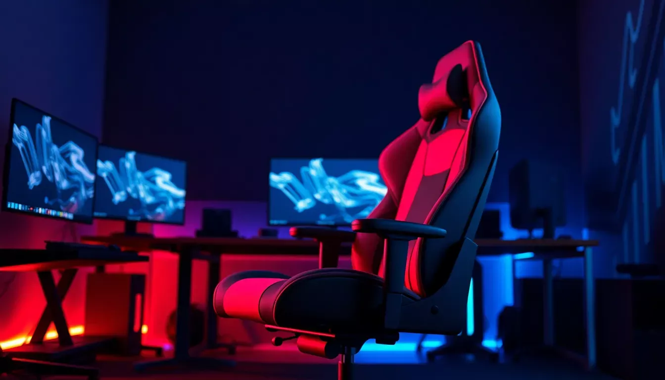 Chaise gaming ergonomique noire et rouge dans un setup de jeu professionnel avec éclairage RGB, illustrant notre comparatif 2025 des meilleures chaises gamer