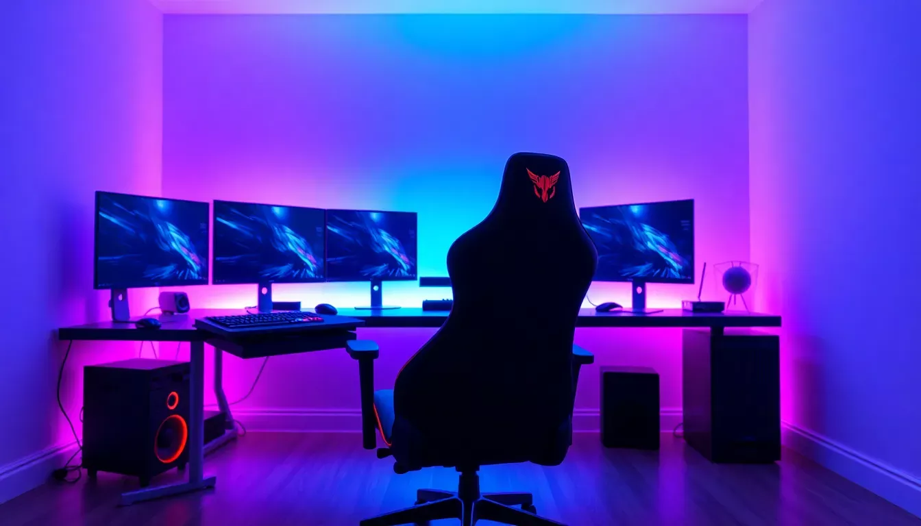 Chaise gaming Cougar noire et orange dans un setup gaming moderne avec double écran, clavier RGB et éclairage LED ambiant violet et bleu