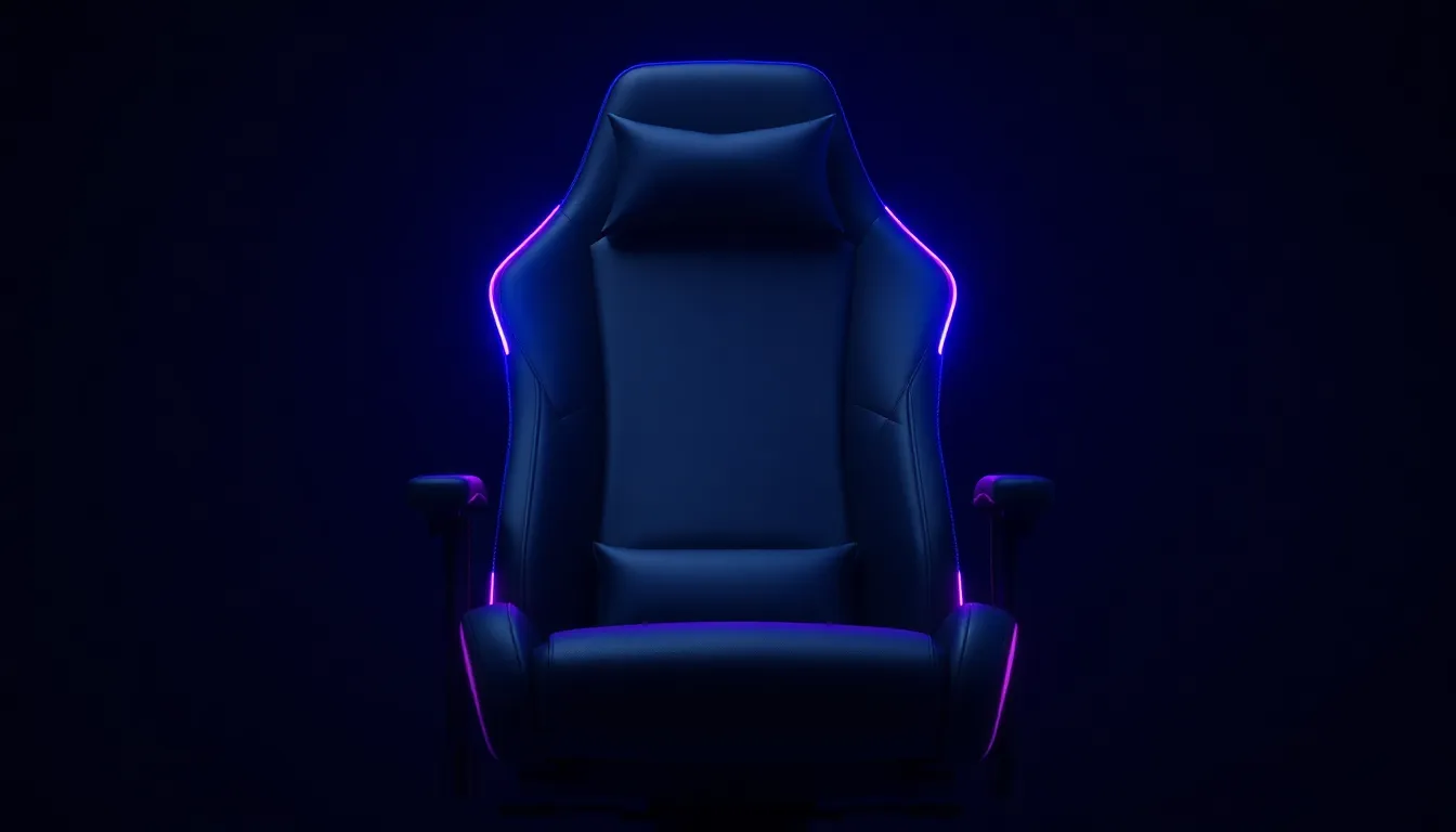 Chaise gaming moderne avec éclairage LED RGB bleu et violet sur les contours, design racing futuriste, ambiance gaming high-tech, photo professionnelle