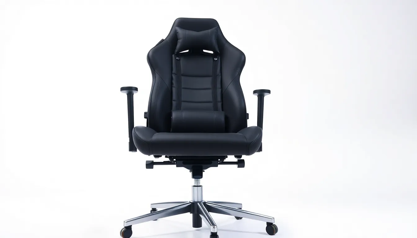 Chaise gaming haut de gamme noire avec accoudoirs 4D réglables en hauteur, profondeur, largeur et angle, photographiée en studio sur fond blanc avec éclairage professionnel