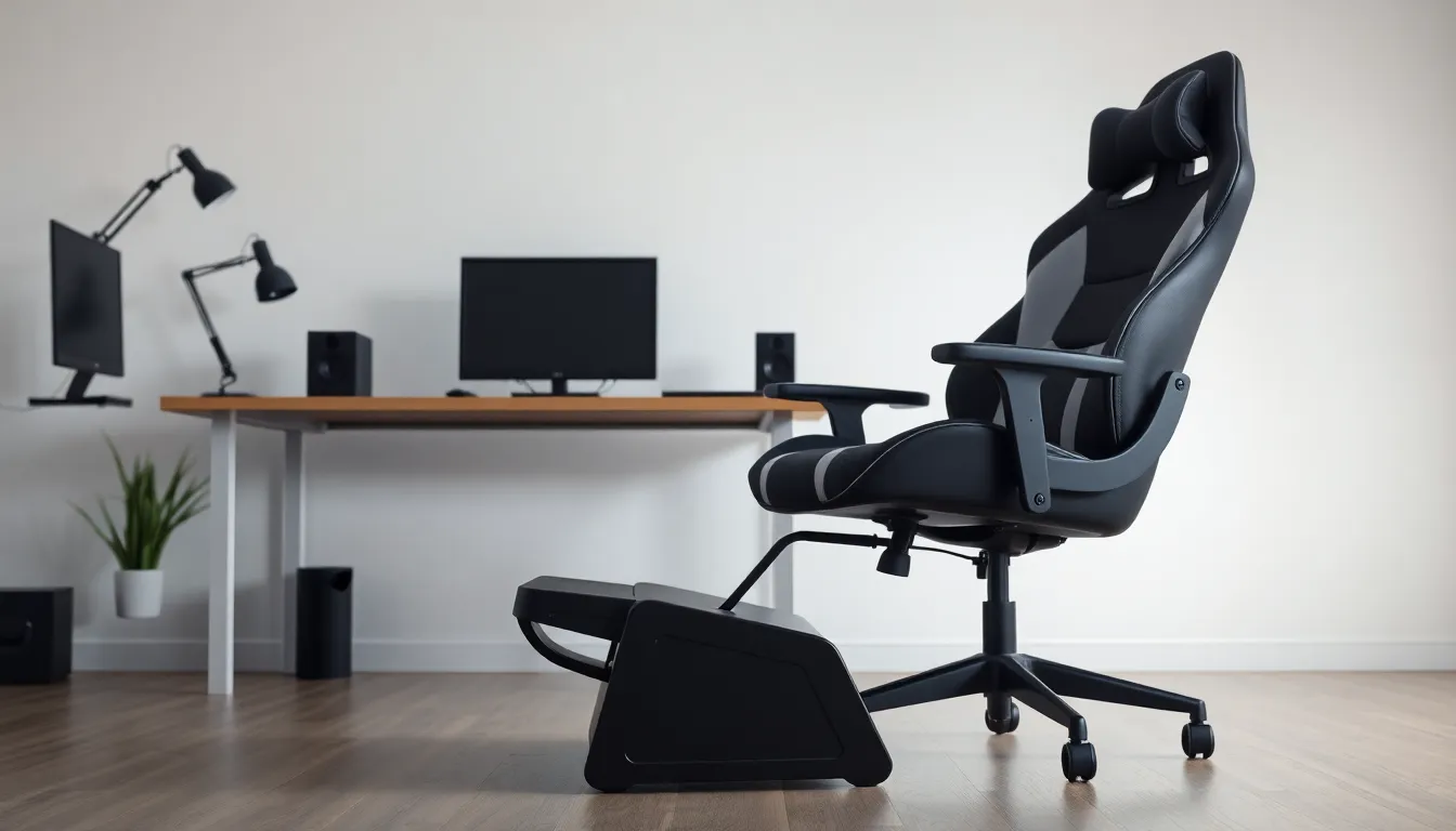 Chaise gaming ergonomique noire et grise avec repose-pied télescopique déployé dans un bureau moderne, illustrant le confort optimal pour télétravail et gaming