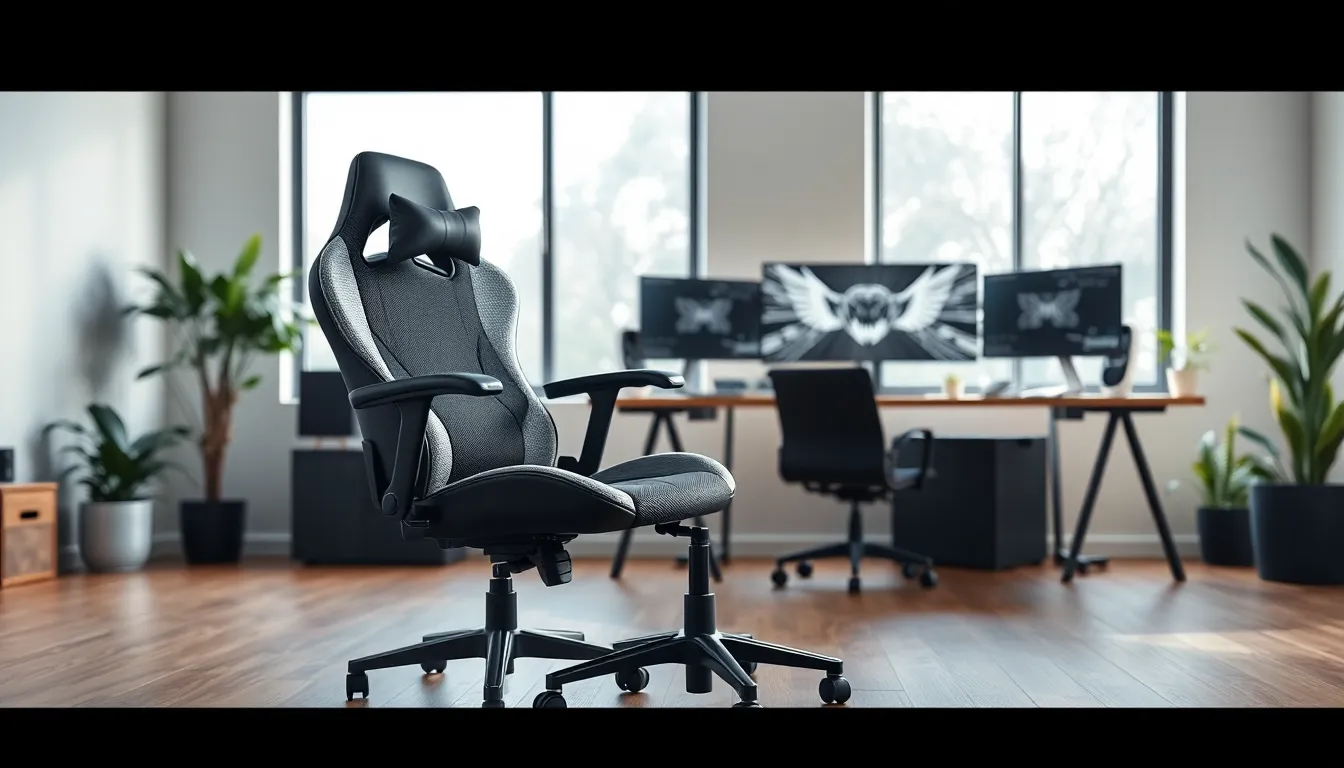 Chaise gaming ThunderX3 Core ergonomique en tissu gris dans setup gaming moderne avec bureau et double écran, illustration test complet 2025