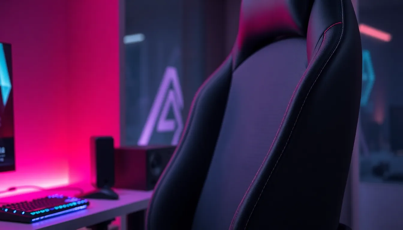 Chaise gaming haut de gamme en tissu respirant noir avec texture détaillée dans setup gaming élégant avec éclairage RGB et clavier mécanique