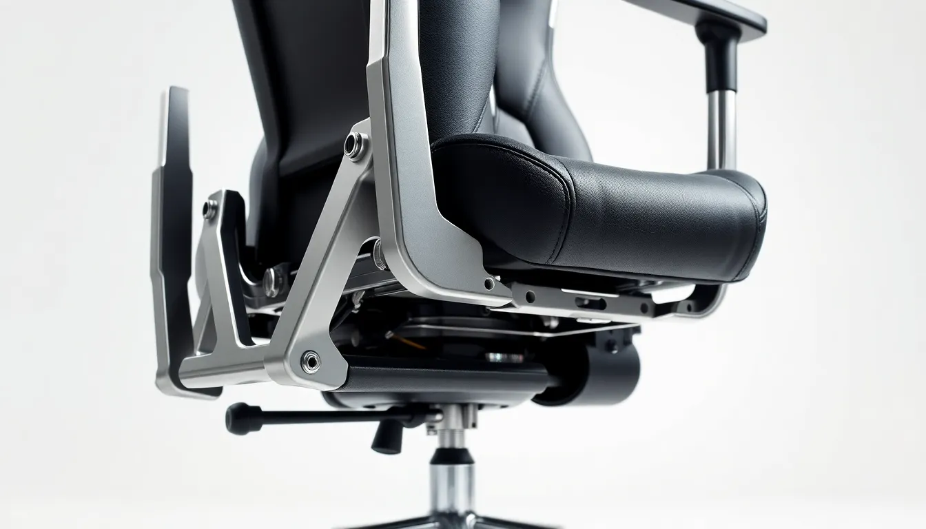 Chaise gaming haut de gamme avec cadre en acier renforcé, structure métallique visible, design moderne et professionnel pour durabilité maximale