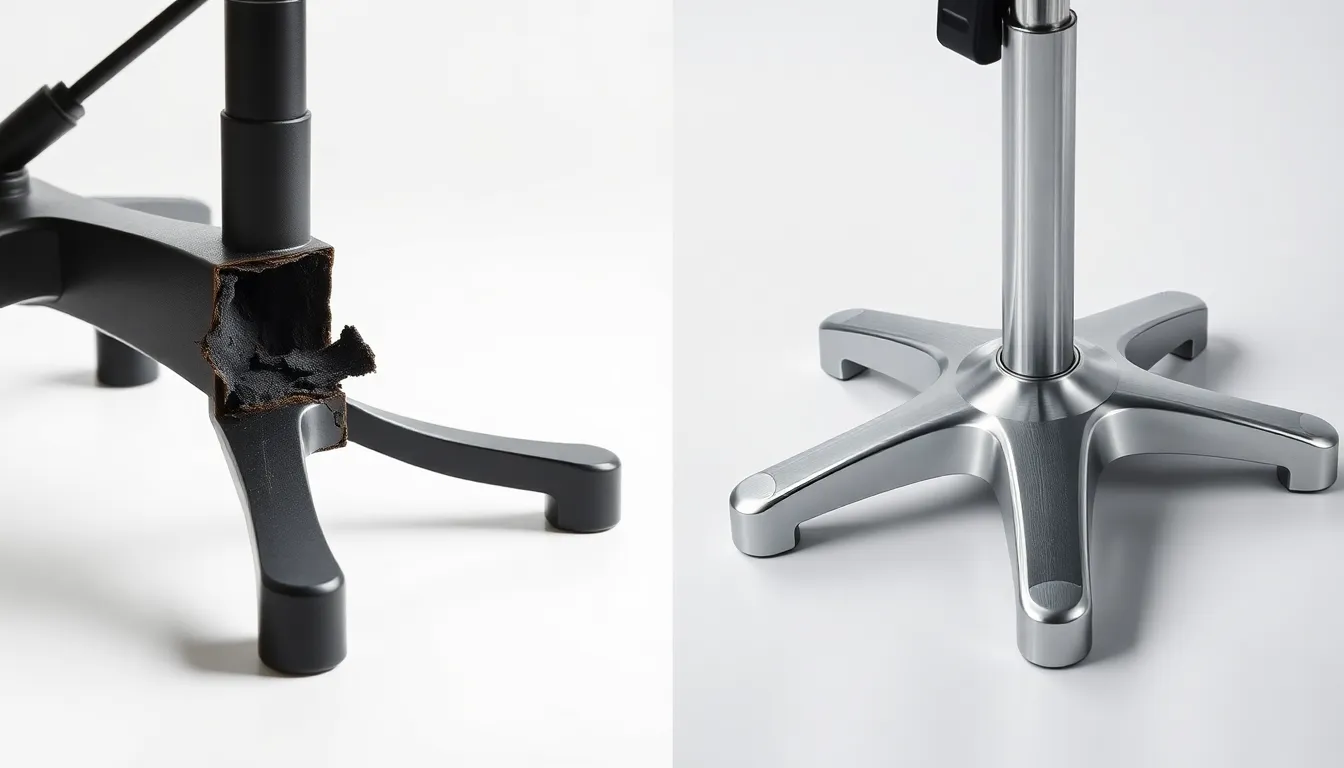 Comparaison visuelle d'une base de chaise gaming en plastique cassée et fissurée à gauche versus une base en aluminium poli intacte et brillante à droite, démontrant la supériorité de durabilité de l'aluminium
