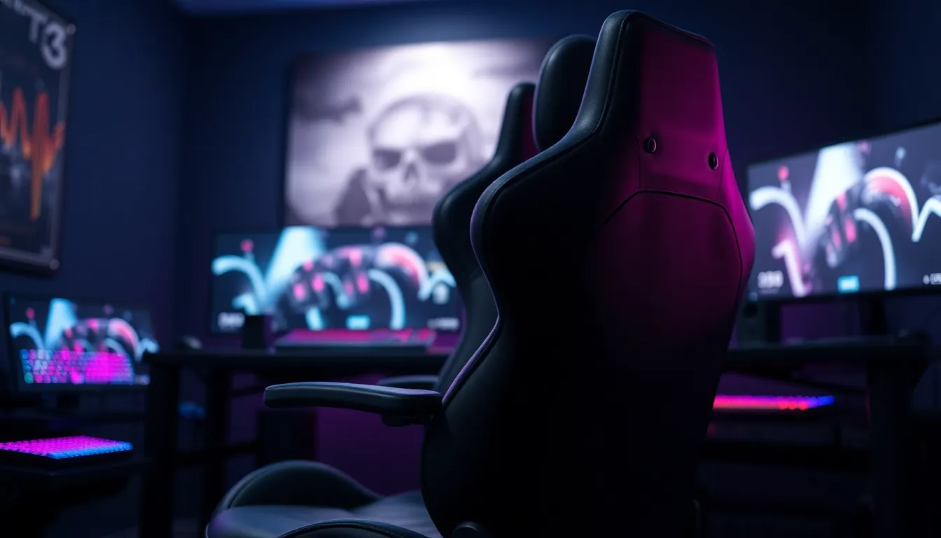 Chaise gaming ergonomique en simili-cuir noir dans setup gaming moderne avec éclairage professionnel
