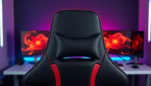 Chaise gaming ergonomique noire et rouge avec appui-tête réglable magnétique dans un setup gaming moderne avec double écran et éclairage RGB, vue professionnelle montrant le design premium et l'ergonomie cervicale
